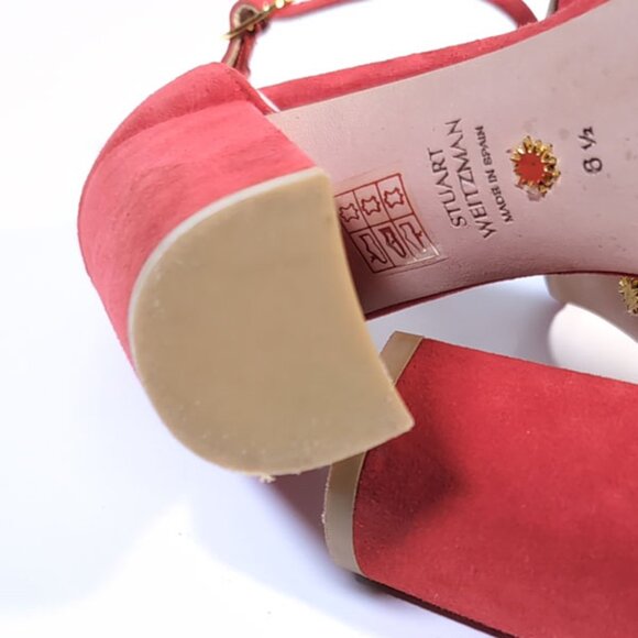 Stuart Weitzman Sandals 6.5 Red Suede  'Amelina' Block 100 Chain Sandal - Picture 9 of 11